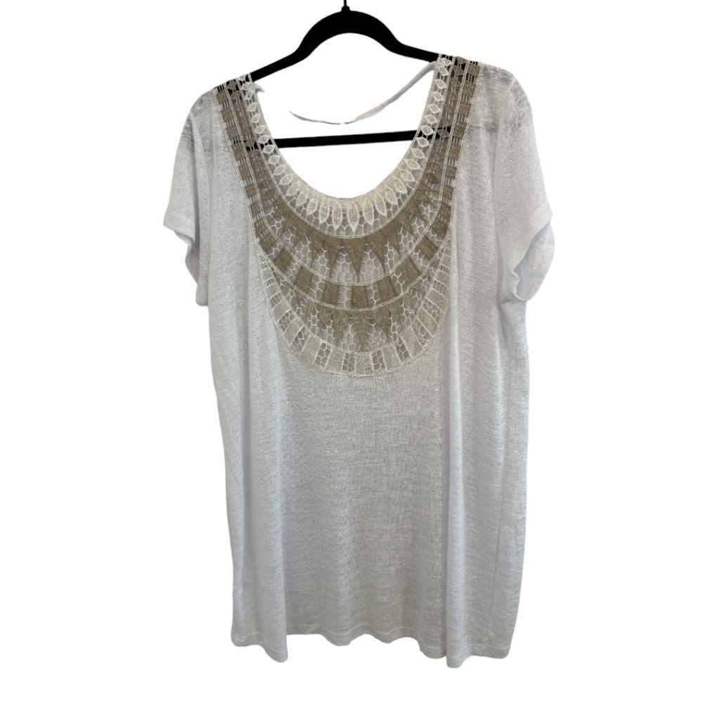Cato Plus Size White Tan Open Back Embroidered Short Sleeve T-Shirt Size 18 20W